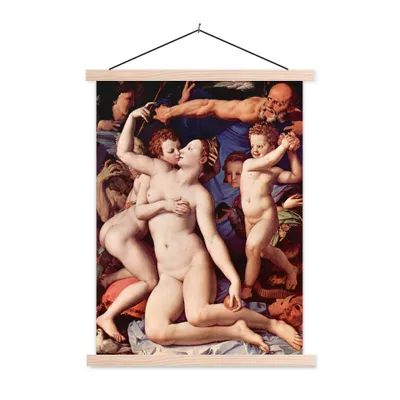 Produktbild von MuchoWow® Textilposter Venus, Amor, Torheit und Zeit - Leonardo da Vinci 60x80 cm mit holzfarbenen Rahmen - Wandbild