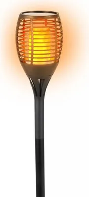A solar-powered garden torch with a flame-like LED light.