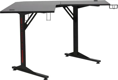 A black L-shaped gaming desk with red accents on a white background.