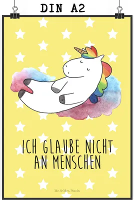 Produktbild von Mr. & Mrs. Panda Bild Einhorn Wolke 7 DIN A2 - Gelb Pastell - Geschenk, Wanddekoration, Unicorn, Lustig, Witzig, Wandschmuck, Einhörner, drucke, wanddeko, Kunstdruck