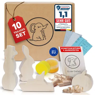 Produktbild von Eli® Lindenholz - Schnitzfiguren zum Schnitzen inkl. Schnitzanleitung für Kinder, Bastelset, Schnitzrohlinge für Anfänger, Schnitzholz Linde