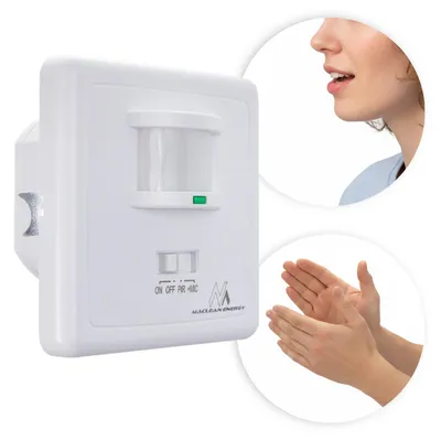 A collage showing a white motion sensor with inset images of a person's mouth and hands clapping.