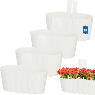 Produktbild von KOTARBAU® 4er Set Blumenkasten Balkon Wandampel Blumentopf 28x14cm H: 13cm Weiß Wandampel für Pflanzen Wandblumentopf Hängende Blumentöpfe Hängetopf Kunststoff