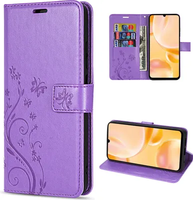 A collage of images showing a purple flip phone case with a floral design, a phone inside the case, and the case in a stand position.