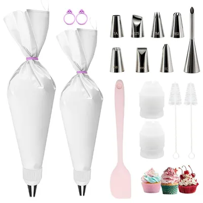 Produktbild von Spritzbeutel Set mit 16 Tüllen, 2 wiederverwendbare Spritzbeutel (30+35cm), 8 Edelstahl-Tüllen, für Torten & Gebäck