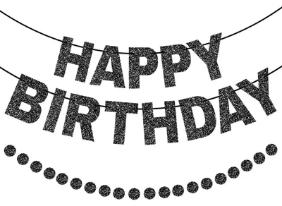 Zdjęcie produktu dla Girlandy urodzinowe "Happy Birthday" z brokatem, czarne, zestaw 2 sztuki | Dekoracje urodzinowe