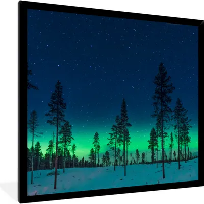 Produktbild von MuchoWow® Gerahmtes Poster Nordlicht - Schnee - Bäume - Natur - Grün 40x40 cm - Poster mit Schwarzem Bilderrahmen Wandposter Rahmen Foto Bilder - Mit Rahmen - Wanddekoration Schlafzimmer