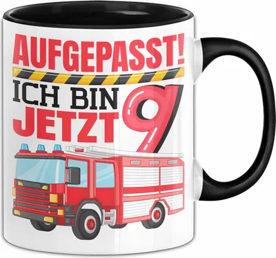 Produktbild von 9. Geburtstag Geschenk Tasse Becher Jungs Feuerwehr Aufgepasst Ich Bin Jetzt 9 (Schwarz)
