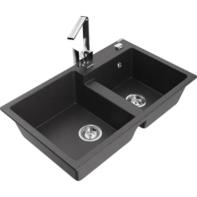 Obrázek produktu pro Mexen Tomas 2-miskový granitový dřez s kuchyňskou baterií Rita, Skvrnitá černá - 6516-76-670300-00