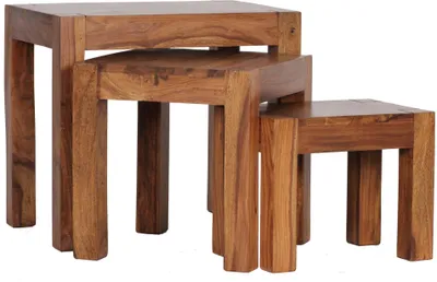 Produktbild von 3er Set Satztisch Massiv-Holz Sheesham Wohnzimmer-Tisch Landhaus-Stil Beistelltisch dunkel-braun Naturholz