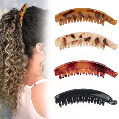 Image de Lot de 4 barrettes pour queue de cheval, barrettes antidérapantes, grandes barrettes vintage en forme de banane, pour cheveux épais, pour femmes et filles