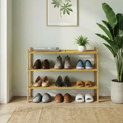Produktbild von SONGMICS Bambus Schuhständer, stapelbares Schuhregal 3 Ebenen, platzsparend für Flur, Schlafzimmer, Wohnzimmer, naturfarben