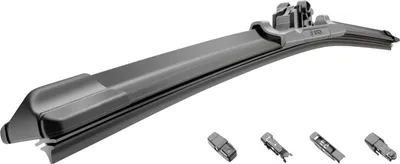 A Bosch AeroTwin wiper blade is shown against a white background, with four different adapter attachments displayed below.