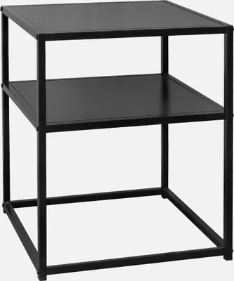 A black metal two-tiered side table or nightstand.