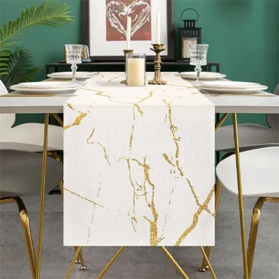 Produktbild von Tischläufer Marmoroptik Weiß Gold Leinen 40 x 140 cm