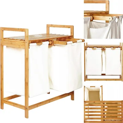 A collage of images showing a bamboo laundry basket with two white fabric bags and a shelf.