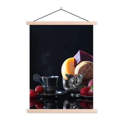 Produktbild von MuchoWow® Textilposter Rustikal - Obst - Käse - Tisch - Stilleben 120x160 cm mit holzfarbenen Rahmen - Plakatkarton