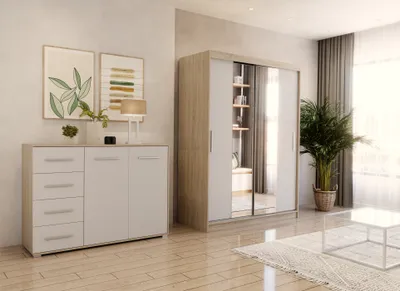 Obrázek produktu pro sada 2 skříní s posuvnými dveřmi Šatní skříň se dvěma zrcadly Sonoma/bílá 150cm Vista 01 s komodou 135cm FRIDA 01
