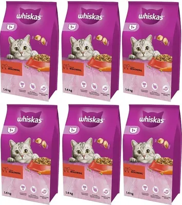 Produktbild von Whiskas Adult 1+ Katzentrockenfutter mit Rind, 6 Beutel, 6x1,4kg