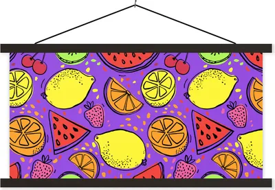 Produktbild von MuchoWow® Textilposter Obst - Neon - Lila 150x75 cm mit schwarzem Rahmen - Posterleiste
