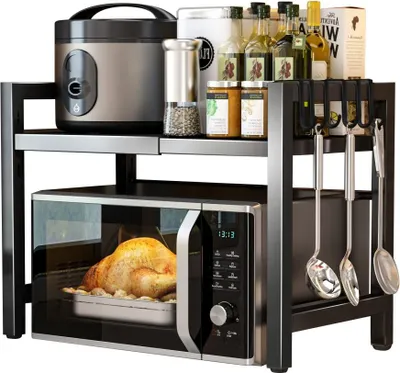 Produktbild von Zimilo Mikrowellenregal aus Metall, 40–60 cm, Küchenregal mit Doppelstange und 6 Haken, Ausziehbares Küchenregal, Schwarz