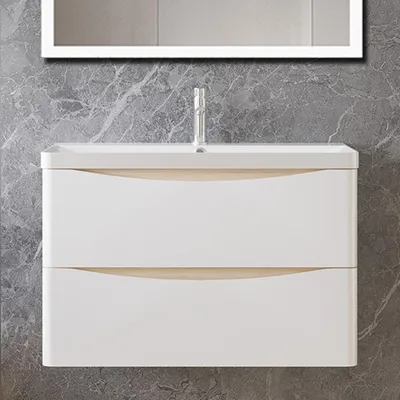 Produktbild von Badezimmerschrank 80cm Mineralguss Waschtisch mit Unterschrank Eiche+Weiß Matt Badmöbel Set mit Soft-Close