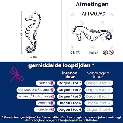 Productafbeelding van Tijdelijke tatoeage - Plaktattoo zeepaardje - Decoratie lichaam - 2 weken houdbaar - 16 x 41 cm - Zwart