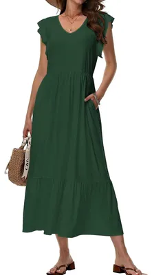 Produktbild von Tanmolo Sommerkleid Damen Lang V-Ausschnitt,Taschen,Grün,XL