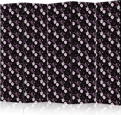 Produktbild von 5-teiliger Doppelseitiger Vlies Paravent - Birds Among Flowers - Pheasants Surrounding Peonies - Purple 225x172 cm Blumen b-B-10451-z-b