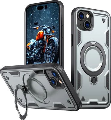 Produktbild von Dual Layer Hülle für iPhone 15 Metall Ring Ständer Magnetisch Stoßfest Militär Handyhülle Grau