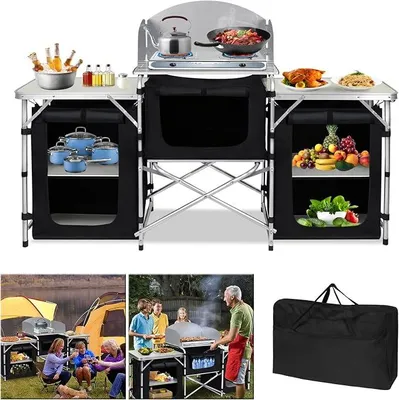 Produktbild von Campingküche Campingschrank mit Aluminiumgestell, Outdoor Camping Küche Reiseküche Zeltschrank Küchenbox Ink. Tragetasche