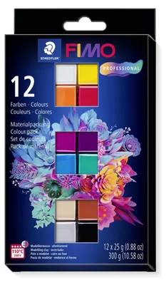 Produktbild von STAEDTLER FIMO professional 8043 ofenhärtende Modelliermasse Materialpackung "Basic Colours", 12 Halbblöcken je 25g