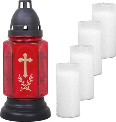 Produktbild von Grableuchte aus Glas (24cm) mit Kreuz inkl. 5 Nachfüllkerzen, Design Buena rot