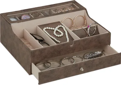 Image de Boîte à bijoux Relaxdays, aspect cuir, velours, boîte à bijoux pour femmes et hommes, H x l x P : 13 x 34 x 31 cm, boîte à bijoux, marron