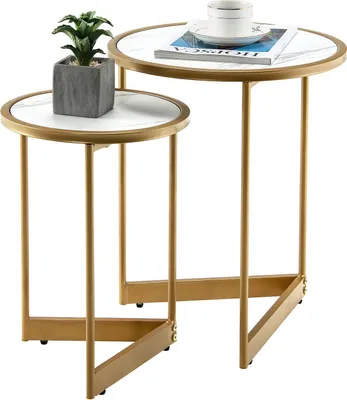 Produktbild von GOPLUS 2er Set Beistelltisch rund, Couchtisch hoch mit Marmoroptik, Metallgestell, Sofatisch Kaffeetisch für Wohnzimmer & Büro