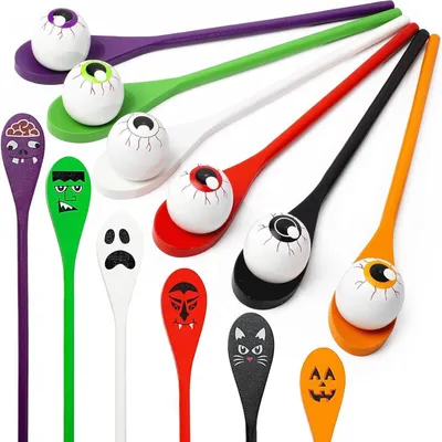 Zdjęcie produktu dla Zestaw do gry "Wyścig łyżek" - 6 sztuk, motyw Halloween, drewniane łyżki w kształcie oczu, długość 30 cm
