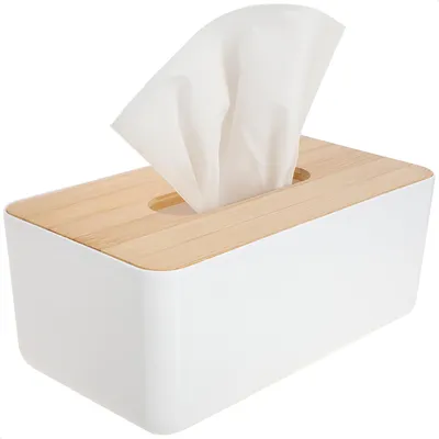 Produktbild von com-four® Kosmetiktücherbox aus Kunststoff mit Bambus-Deckel - Taschentuchbox