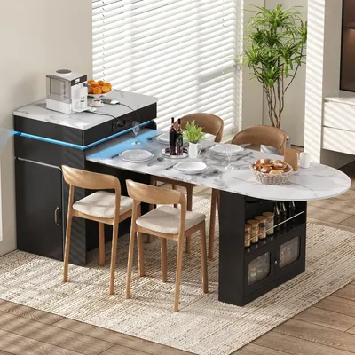 Obrázek produktu pro Servírovací vozík Merax s LED osvětlením, kuchyňský vozík s výsuvným jídelním stolem, zásuvkami, skleněnými dvířky a zásuvkami, kuchyňská skříň, černá barva
