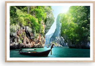 Produktbild von Gerahmtes Poster - Rahmen in heller Eiche - Boot Klippen Natur Felsen - 91,5x61 cm - Wand Bild - Wanddeko - Wandbilder - Wandposter - Bilderrahmen - Bilder - Kunstdruck - Wandbild - P2NAA91x61-2787