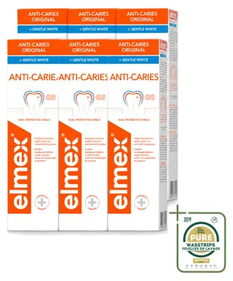Imagen del producto de 6 tubos de pasta dental blanqueadora Elmex para la prevención de caries, 75 ml cada uno. Pack de 6 unidades