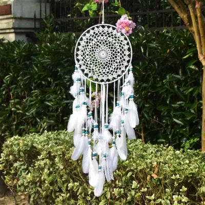 Dreamcatcher Boho 25 cm Ø, 70 cm, weiß, Federn, Perlen
