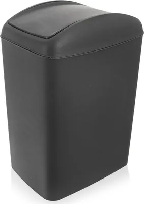 A dark gray trash can with a flip lid, shown from a slightly elevated front-left angle on a white background.