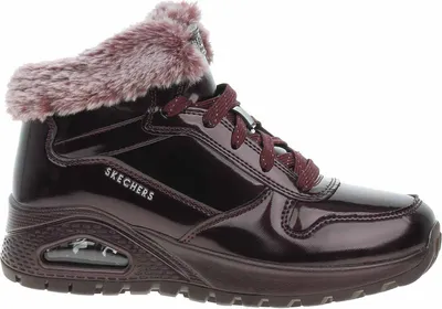 A single burgundy Skechers boot with pink faux fur trim is shown against a white background.