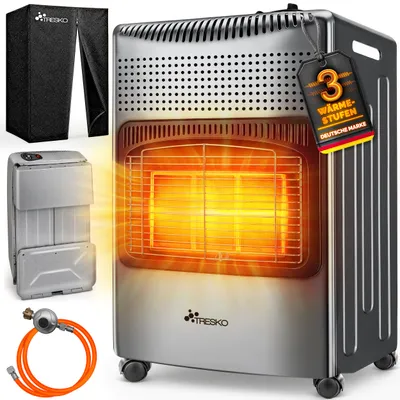 Produktbild von TRESKO® 4200 Watt Gasheizer grau inkl. Gasdruckregler Gasschlauch + Abdeckung | Gasofen Gasheizofen Keramik mit 3 Stufen | Infrarot Gasheizgerät Heizstrahler für Butan- oder Propangasflaschen bis 15 kg