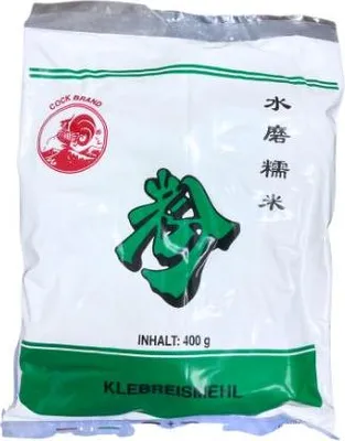 A bag of Cock Brand Klebreismehl (glutinous rice flour).
