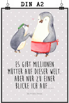 Produktbild von Mr. & Mrs. Panda Bild Pinguin mit Kind DIN A2 - Grau Pastell - Geschenk, Muttertag, Vorbild Mama, drucke, Mom, Deko, Wandbild, Mami, Familie, Kunstdruck, Posterdruck