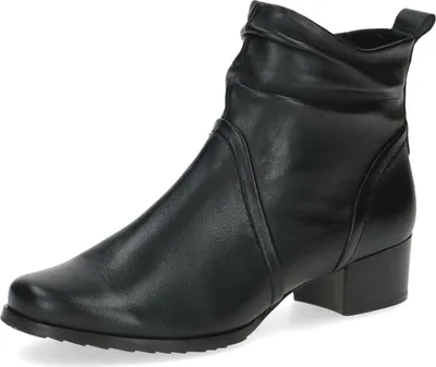 A black leather ankle boot is shown against a white background.