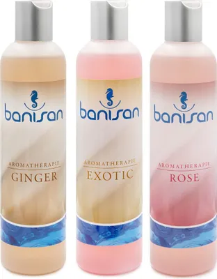 Produktbild von Banisan 3er Badezusätze Ginger, Rose, Exotic, Aromatherapie 3x 250 ml, ergiebig, nicht schäumende Rezeptur für Whirlpools