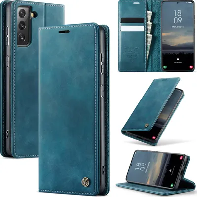 Image de Etui en cuir pour Samsung Galaxy S21+ 5G, protection RFID, fermeture magnétique, fentes pour cartes et fonction stand Bleu