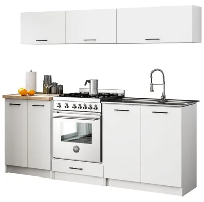 Obrázok produktu pre Kuchynská linka, šírka 200 cm, s pracovnou doskou, 8 dvierok, vstavaná kuchynská linka, 6 modulov, matný povrch, výška 174 cm